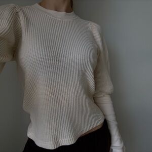 Cream Waffle Knit Sweater with Lace-Up Sleeves